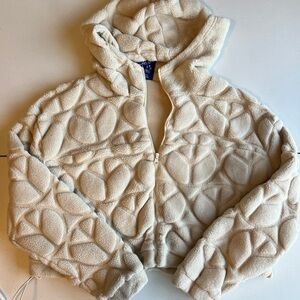 Without Walls Cream Peace Sign Crop Zip Fleece Textured Hoodie Size S